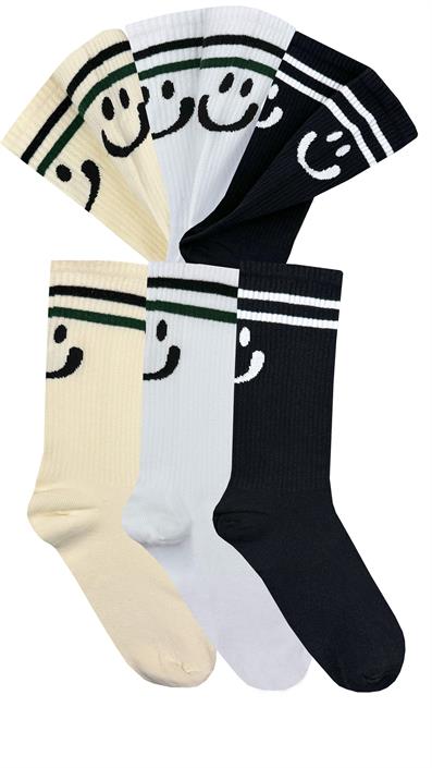 Set of 6 Smiley Patterned Striped Tennis Socks ASORTI