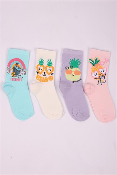 طقم من 4 جوارب بناتي بنقشة الأناناس ASORTİ
