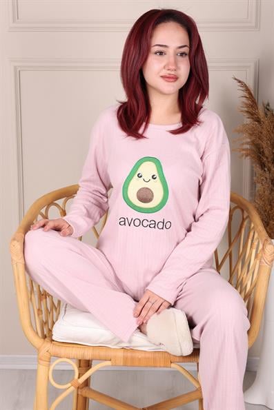 Avokado Desen Uzun Kolllu Fitilli Pijama Takımı PUDRA