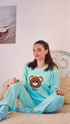 AYICIK BASKILI FİTİLLİ PİJAMA TAKIMI TURKUAZ