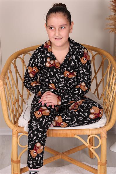 TEDDY PATTERNED SUEDE MOTHER-DAUGHTER PAJAMAS SET BLACK