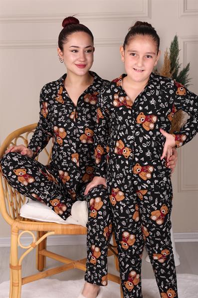 TEDDY PATTERNED SUEDE MOTHER-DAUGHTER PAJAMAS SET BLACK