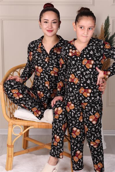 TEDDY PATTERNED SUEDE MOTHER-DAUGHTER PAJAMAS SET BLACK
