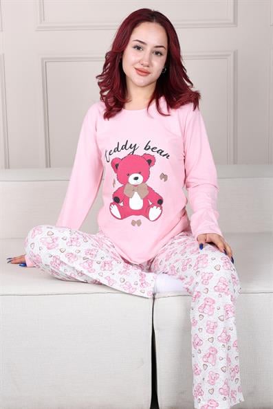 Ayıcık Desenli Uzun Kollu Pİjama Takımı PEMBE