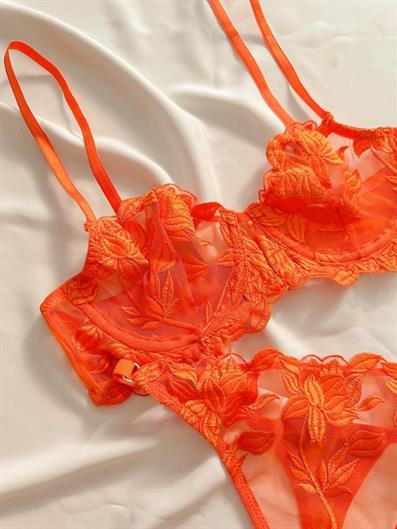 Underwire Embroidered Waist Adjustable Bra Set ORANGE