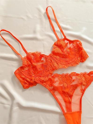 Underwire Embroidered Waist Adjustable Bra Set ORANGE