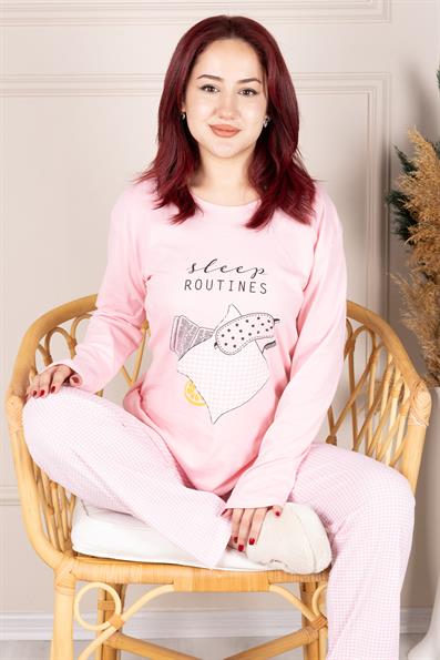 BİSİKLET YAKA YASTIK DESENLİ PİJAMA TAKIM PEMBE