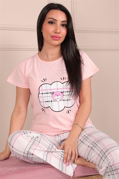 Bulut Ayıcık Desenli Kısa Kol Alt Uzun Pijama Takımı PEMBE