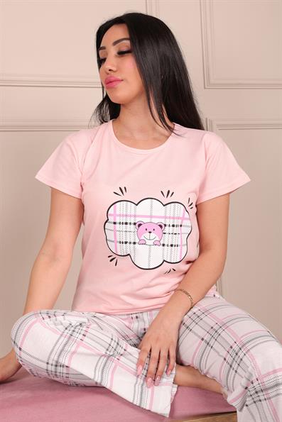 Bulut Ayıcık Desenli Kısa Kol Alt Uzun Pijama Takımı PEMBE