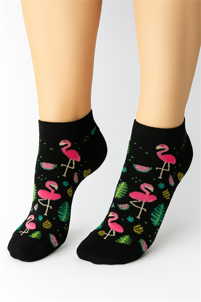 جوارب طويلة منقوشة باللون الأسود-ورقة فلامينجو