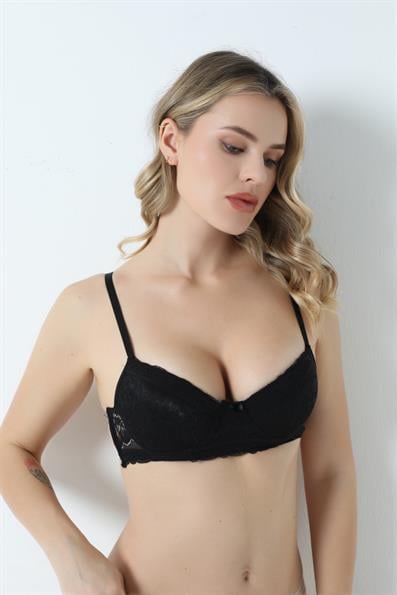 Dolgusuz B Cup Sırtı İki İpli Dantelli Sütyen SİYAH