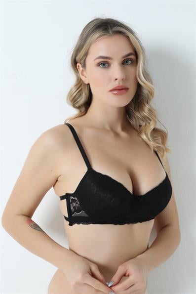 Dolgusuz B Cup Sırtı İki İpli Dantelli Sütyen SİYAH