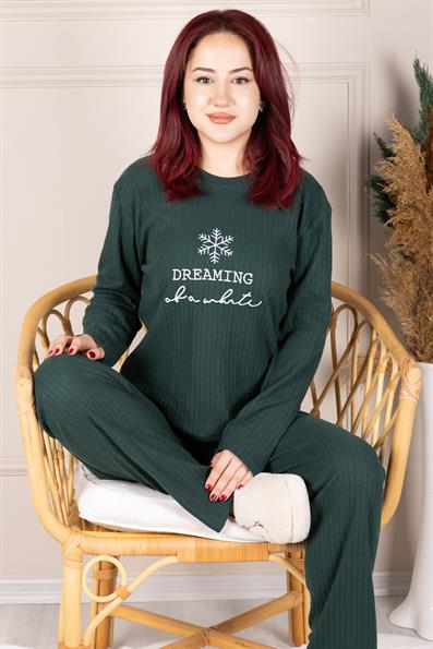 DREAMING YAZILI UZUN KOL RAPORLU PİJAMA TAKIM ZÜMRÜT YEŞİLİ