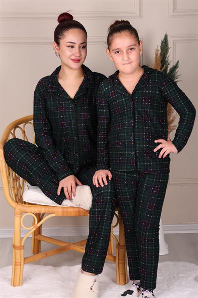 PLAID SUEDE MOTHER-DAUGHTER PAJAMAS SET DARK GREEN