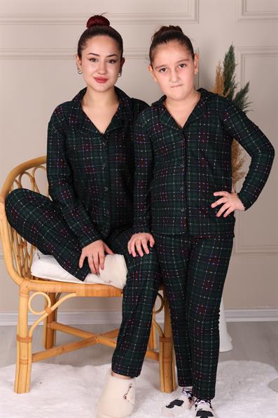 PLAID SUEDE MOTHER-DAUGHTER PAJAMAS SET DARK GREEN