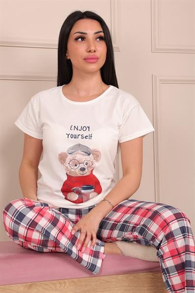 Enjoy Yourself Sloganlı Altı Ekose Desenli Kısa Kollu Pijama Takımı BEYAZ