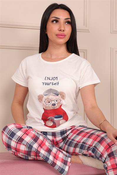 Enjoy Yourself Sloganlı Altı Ekose Desenli Kısa Kollu Pijama Takımı BEYAZ