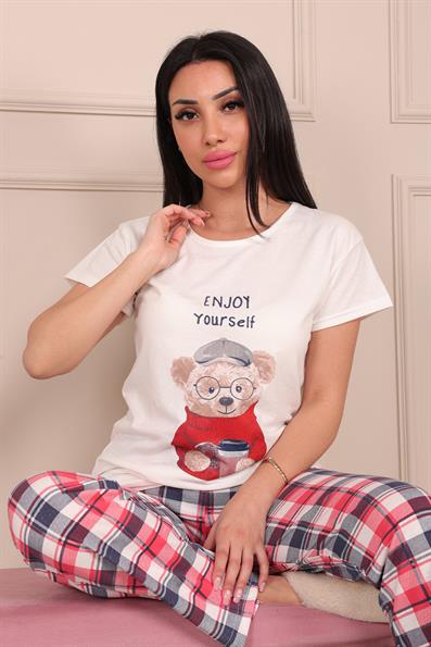 Enjoy Yourself Sloganlı Altı Ekose Desenli Kısa Kollu Pijama Takımı BEYAZ