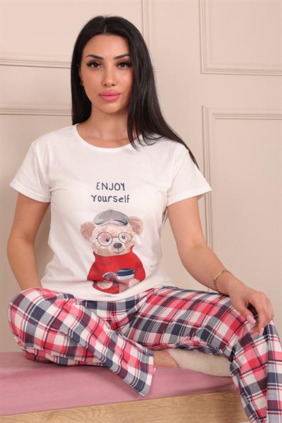 Enjoy Yourself Sloganlı Altı Ekose Desenli Kısa Kollu Pijama Takımı BEYAZ