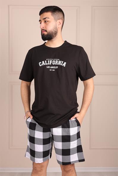 Erkek California Sloganlı Kısa Kol Şortlu Pijama Takımı SİYAH