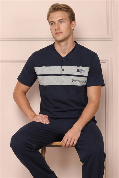 Erkek Göğsü High Performance İşlemeli  Kısa Kol Altı Uzun Pijama Takımı