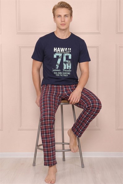 Erkek Hawaıı Baskılı Kısa Kol Altı Uzun ve Ekose Desenli  Pijama Takımı