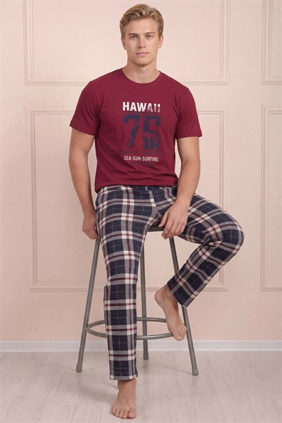 Erkek Hawaıı Baskılı Kısa Kol Altı Uzun ve Ekose Desenli  Pijama Takımı