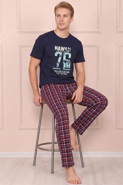Erkek Hawaıı Baskılı Kısa Kol Altı Uzun ve Ekose Desenli  Pijama Takımı