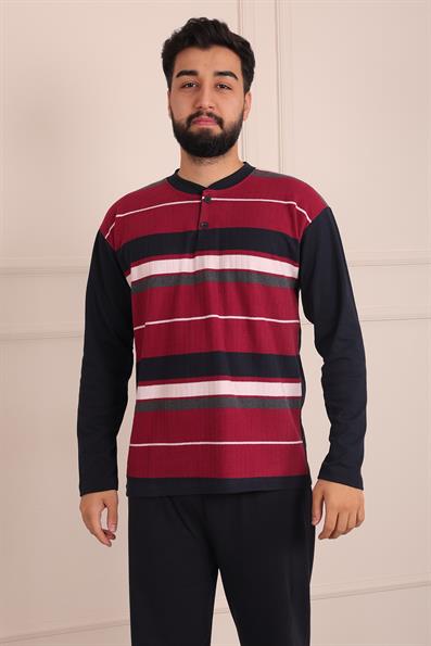 Erkek İnterlok Uzun Kol Yakası İki Düğmeli Yatay Çizgi Desenli  Altı Uzun Pijama Takımı