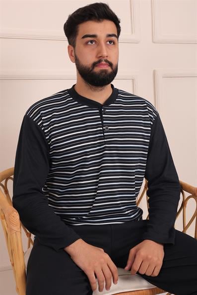 Erkek İnterlok Uzun Kol Yakası İki Düğmeli Göğsü Nakış İşlemeli Altı Uzun Pijama Takımı