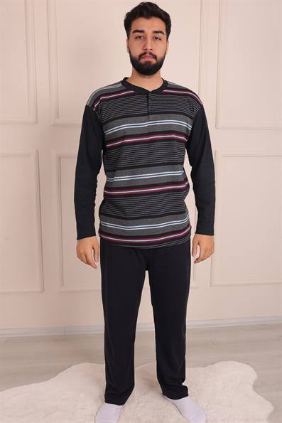 Erkek İnterlok Uzun Kol Yakası İki Düğmeli Yatay Çizgi Desenli  Altı Uzun Pijama Takımı