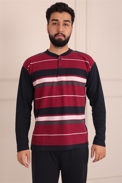 Erkek İnterlok Uzun Kol Yakası İki Düğmeli Yatay Çizgi Desenli  Altı Uzun Pijama Takımı