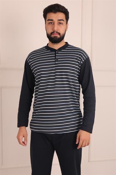 Erkek İnterlok Uzun Kol Yakası İki Düğmeli Göğsü Nakış İşlemeli Altı Uzun Pijama Takımı