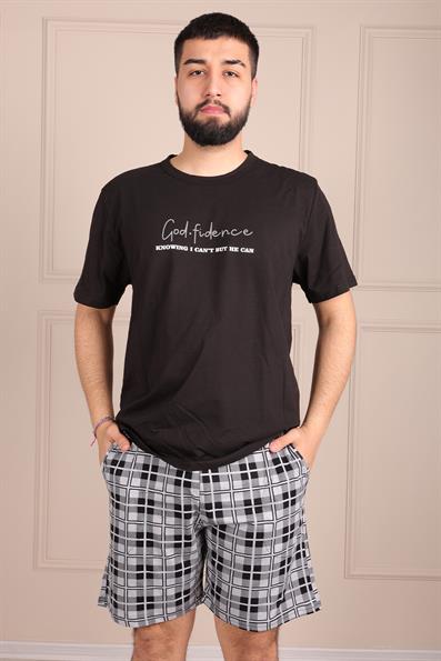 Erkek Sloganlı Kısa Kol Şortlu Pijama Takımı SİYAH