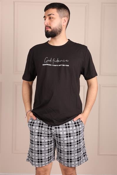 Erkek Sloganlı Kısa Kol Şortlu Pijama Takımı SİYAH