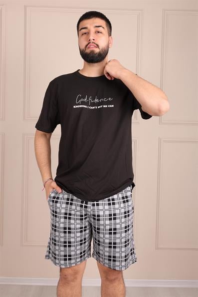 Erkek Sloganlı Kısa Kol Şortlu Pijama Takımı SİYAH