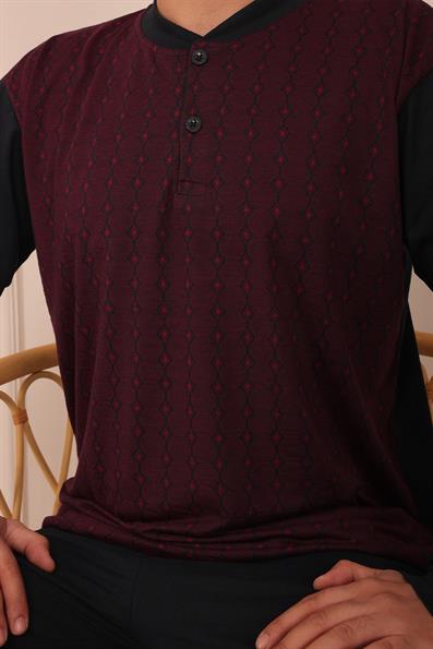 Erkek Yakası İki Düğmeli Uzun Kol Jakarlı Penye Pijama Takımı