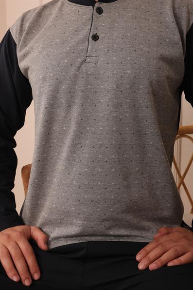 Erkek Yakası İki Düğmeli Uzun Kol Jakarlı Penye Pijama Takımı