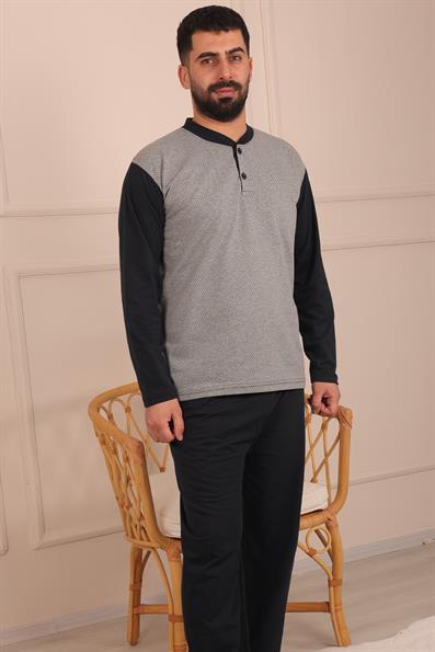 Erkek Yakası İki Düğmeli Uzun Kol Jakarlı Penye Pijama Takımı