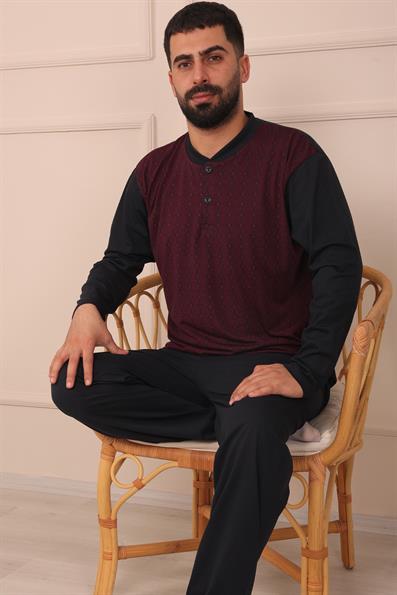Erkek Yakası İki Düğmeli Uzun Kol Jakarlı Penye Pijama Takımı