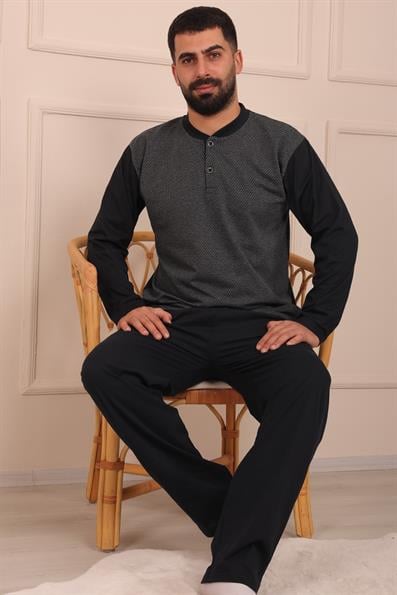 Erkek Yakası İki Düğmeli Uzun Kol Jakarlı Penye Pijama Takımı