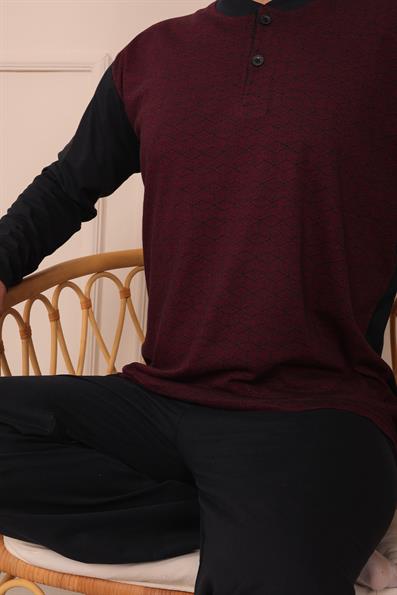 Erkek Yakası İki Düğmeli Uzun Kol Jakarlı Penye Pijama Takımı