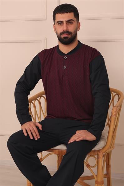 Erkek Yakası İki Düğmeli Uzun Kol Jakarlı Penye Pijama Takımı