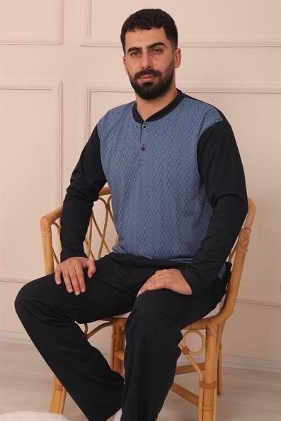 Erkek Yakası İki Düğmeli Uzun Kol Jakarlı Penye Pijama Takımı