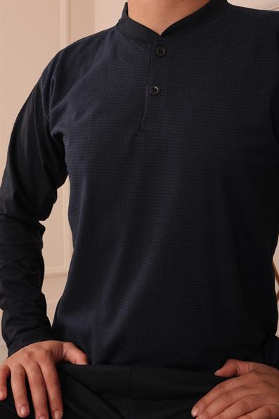 Erkek Yakası İki Düğmeli Uzun Kol Jakarlı Penye Pijama Takımı