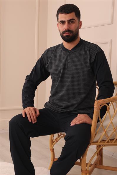 Erkek Yakası İki Düğmeli Uzun Kol Jakarlı Penye Pijama Takımı