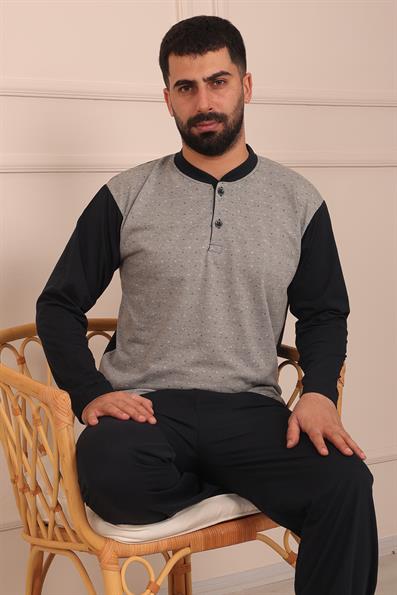 Erkek Yakası İki Düğmeli Uzun Kol Jakarlı Penye Pijama Takımı