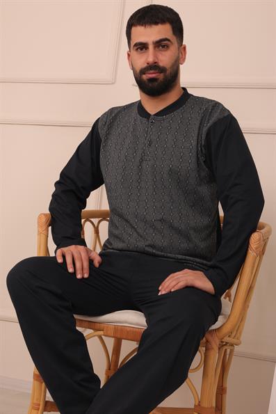 Erkek Yakası İki Düğmeli Uzun Kol Jakarlı Penye Pijama Takımı