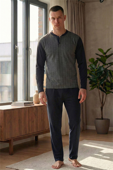 Erkek Yakası İki Düğmeli Uzun Kol Jakarlı Penye Pijama Takımı