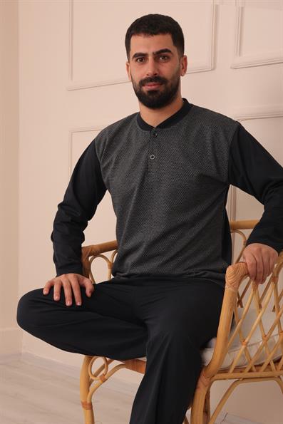 Erkek Yakası İki Düğmeli Uzun Kol Jakarlı Penye Pijama Takımı